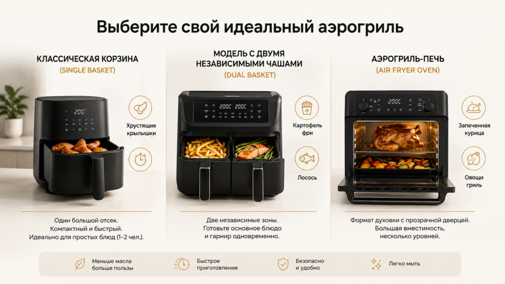 3 формата аэрогрилей: классическая корзина, можедб сдвумя независимыми чашами и аэрогриль-печь