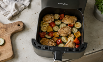 Вид сверху на корзину аэрогриля с курицей и овощами